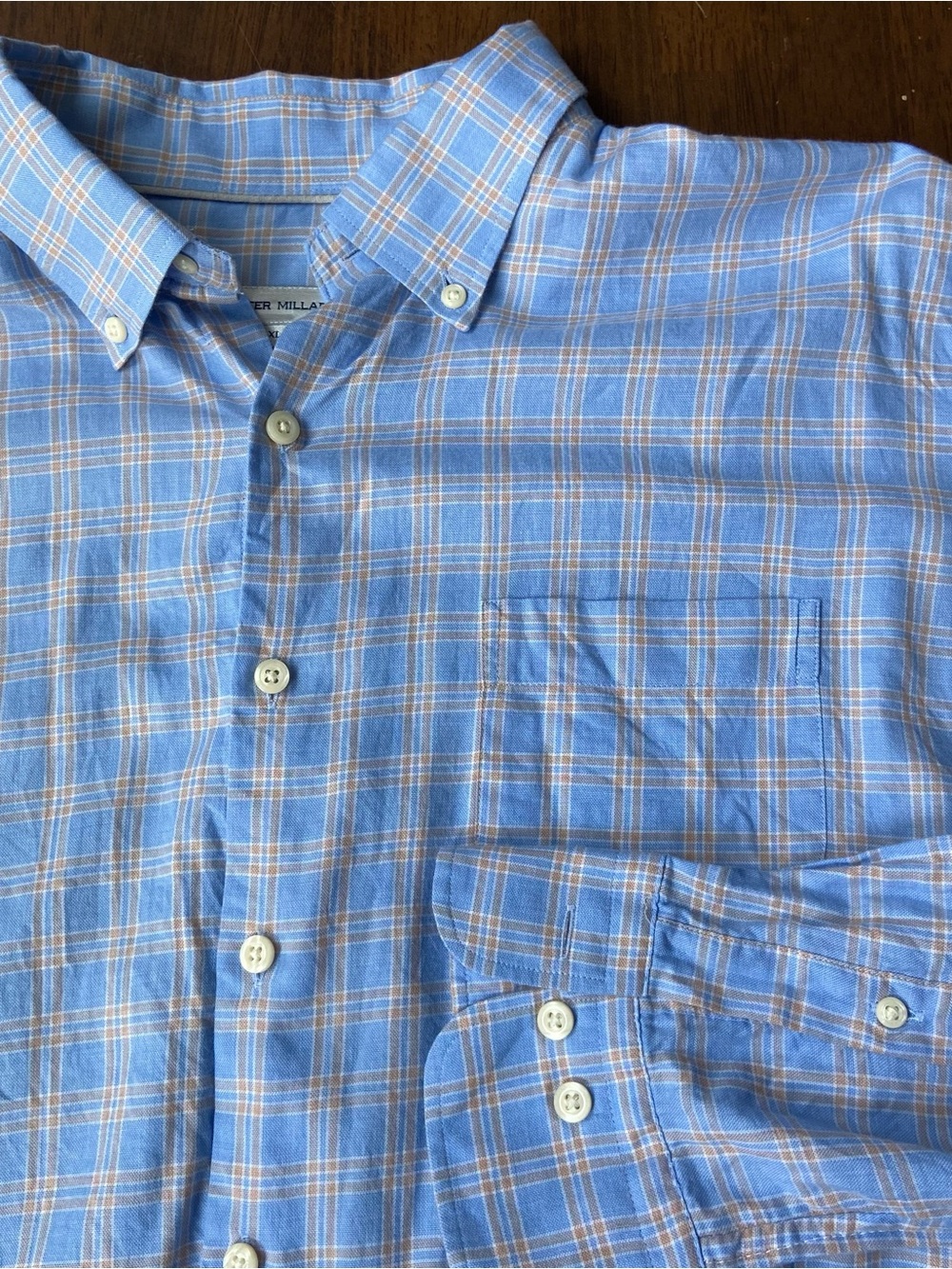 Peter Millar Button Down Shirt Mens XL Blue Tan Plaid Long Sleeve Pocket Casual